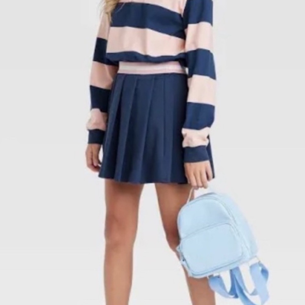 Art Class Girls Navy Pleated Skirt Pink Waist Size M 8